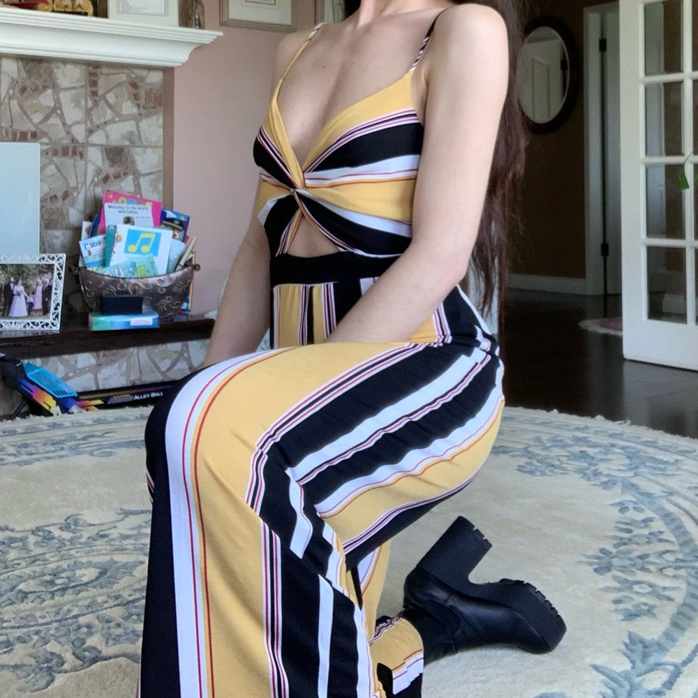 Guess Striped Cutout Front Jumpsuit